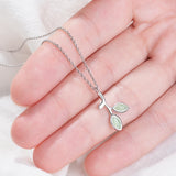925 Silver Leaf Crystal Zircon Opal Pendant Necklace 40+3.5cm