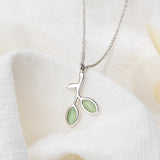 925 Silver Leaf Crystal Zircon Opal Pendant Necklace 40+3.5cm