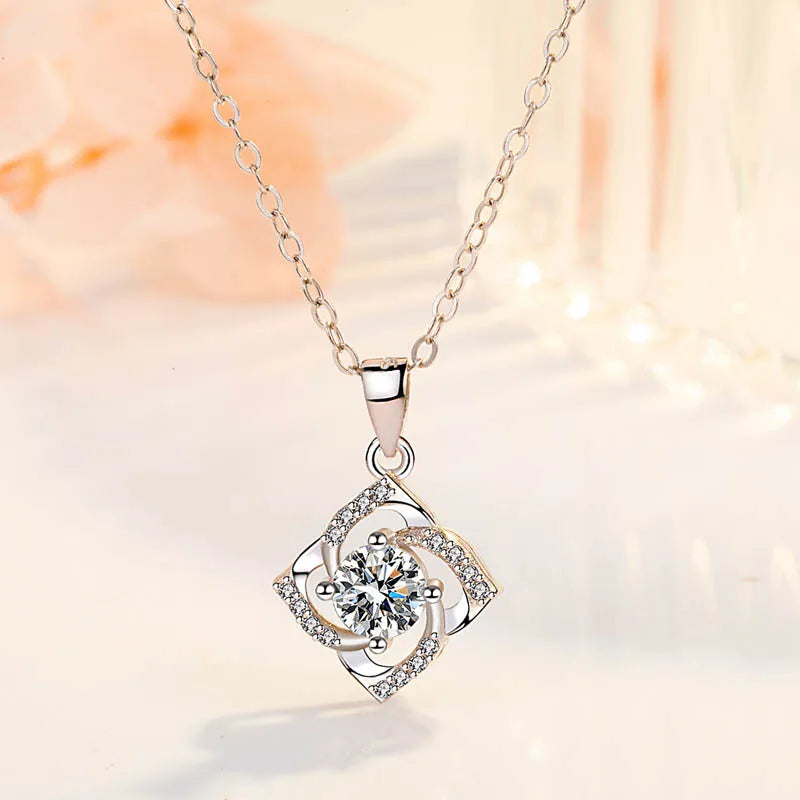 925 Silver Crystal Zircon Flower Pendant Necklace