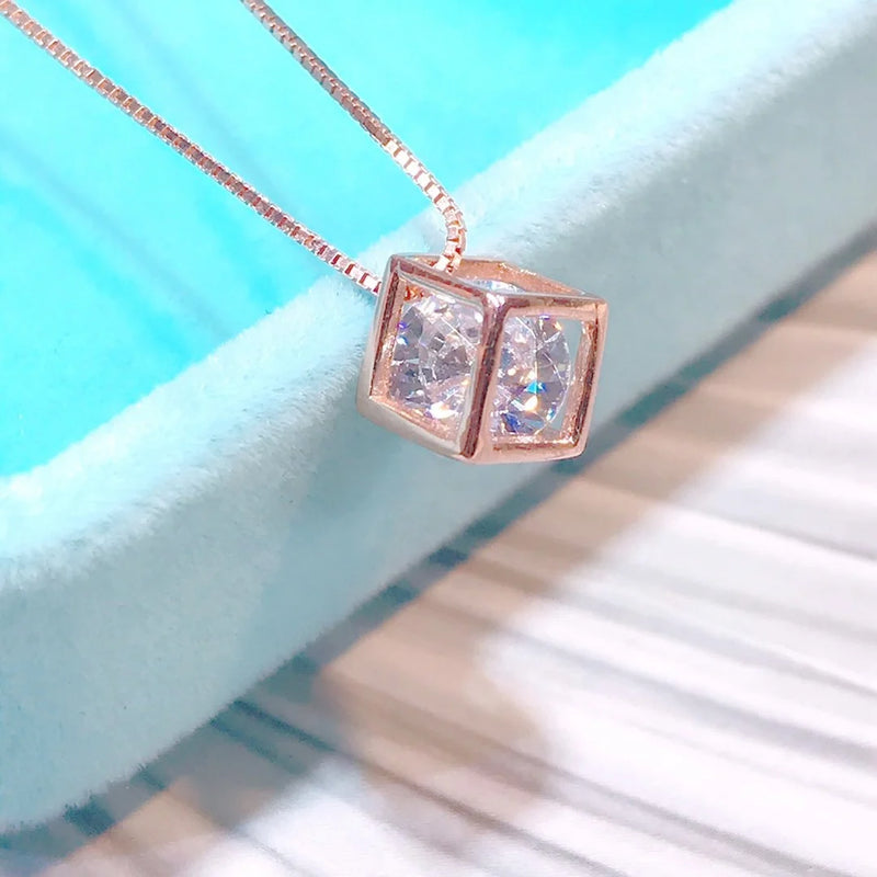 925 Sterling Silver Colorful Cube Zircon Shine Necklace Pendant