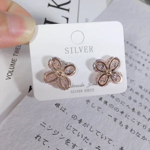 925 Silver Zircon Four Leaf Clover Rose Earrings