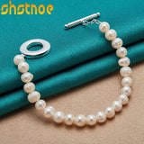 925 Silver Pearl Chain Bracelet Buckle Women Wedding Charm Jewelry