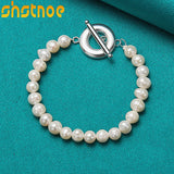 925 Silver Pearl Chain Bracelet Buckle Women Wedding Charm Jewelry