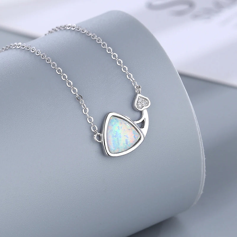 Sterling Silver Opal Geometric Triangle Zircon Pendant Necklace