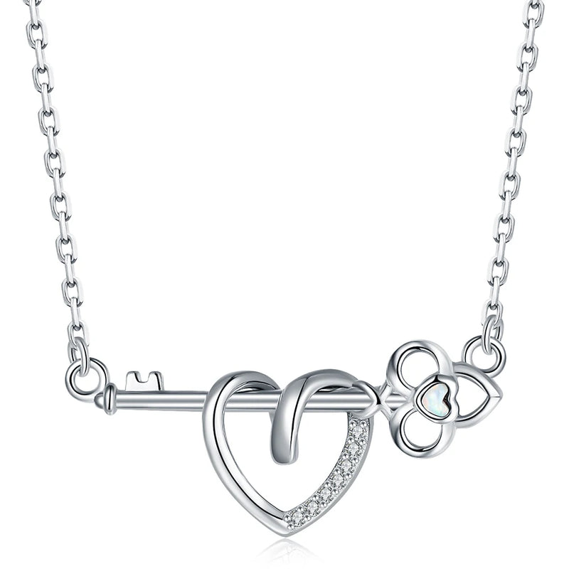 925 Silver Opal Key & Heart Necklaces Float Love Heart Pendant Mother Jewelry