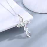 925 Silver Opal Necklace Zircon Cross Pendant Girls Anniversary Gift
