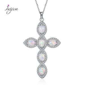 925 Silver Opal Necklace Zircon Cross Pendant Girls Anniversary Gift