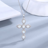 925 Silver Opal Necklace Zircon Cross Pendant Girls Anniversary Gift