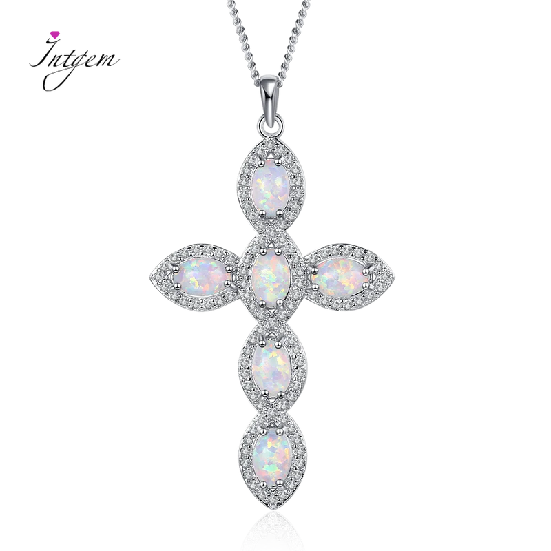 925 Silver Opal Necklace Zircon Cross Pendant Girls Anniversary Gift
