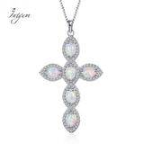 925 Silver Opal Necklace Zircon Cross Pendant Girls Anniversary Gift