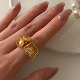925 Silver Open Finger Ring Golden Flower CZ Pearl Stackable