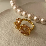 925 Silver Open Finger Ring Golden Flower CZ Pearl Stackable
