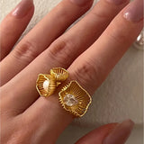 925 Silver Open Finger Ring Golden Flower CZ Pearl Stackable