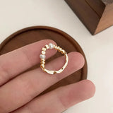 925 Silver Open Finger Ring Golden String Pearl Beads Punk Stackable