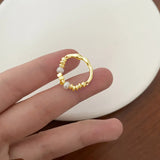 925 Silver Open Finger Ring Golden String Pearl Beads Punk Stackable