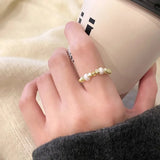 925 Silver Open Finger Ring Golden String Pearl Beads Punk Stackable