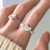 925 Silver Open Finger Ring Heart Pearl Star Geometric Punk