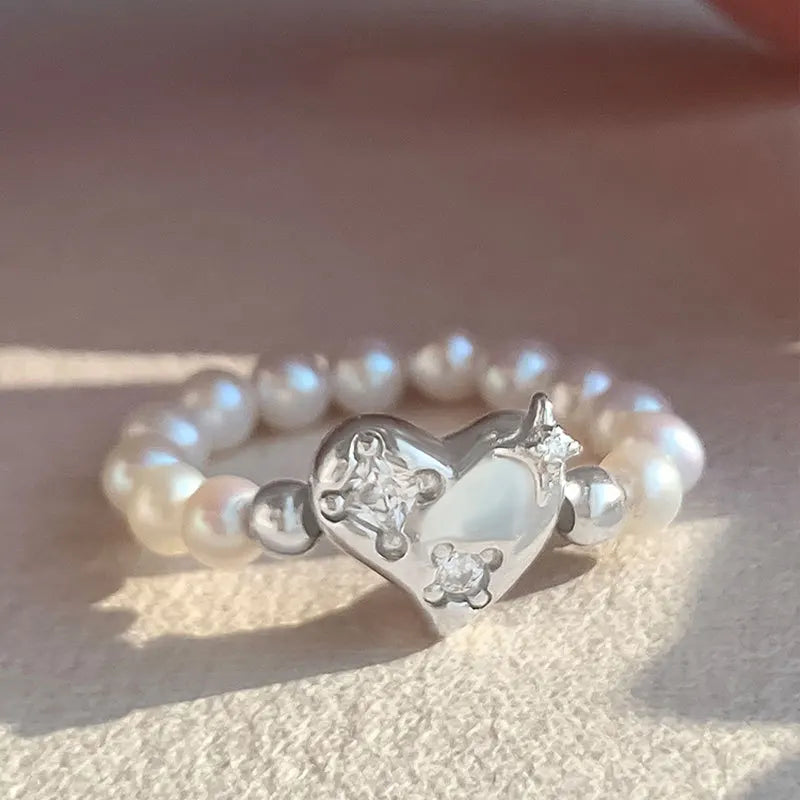 925 Silver Open Finger Ring Heart Pearl Star Geometric Punk