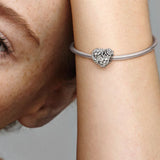 925 Silver Openwork Flower Mommy Heart Charm Bead for Bracelet DIY