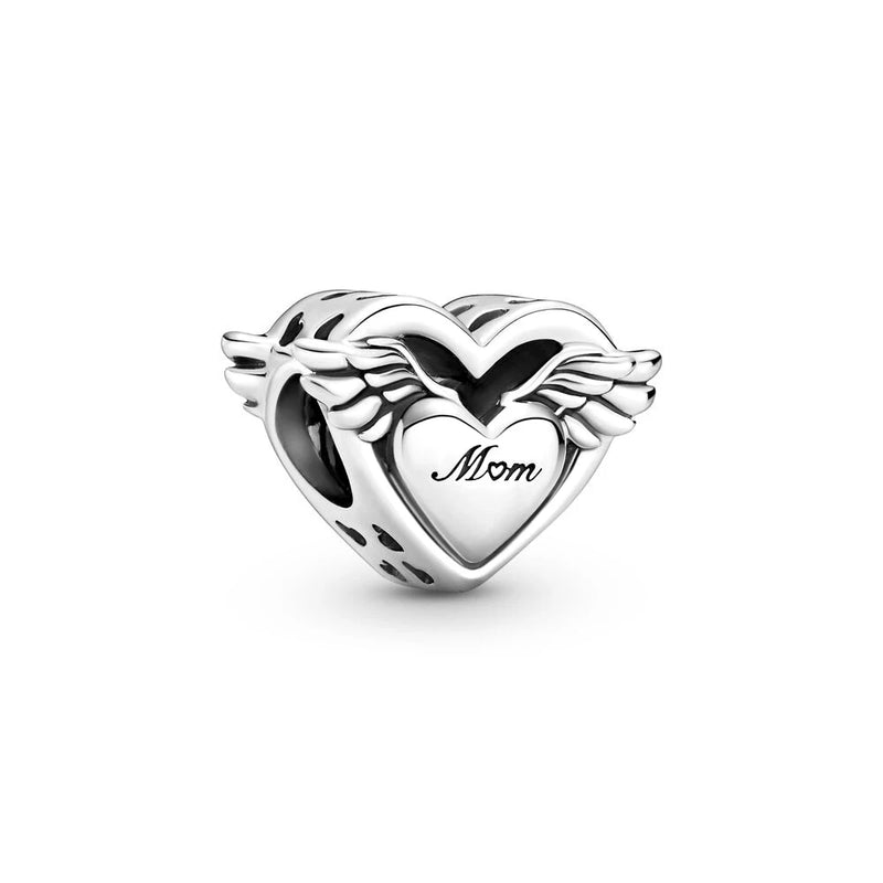 925 Silver Openwork Flower Mommy Heart Charm Bead for Bracelet DIY