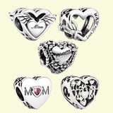925 Silver Openwork Flower Mommy Heart Charm Bead for Bracelet DIY