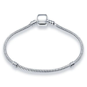 925 Sterling Silver Rose Charm Beaded Bracelet Snake Chain Women's Jewelry