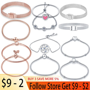 925 Sterling Silver Rose Charm Beaded Bracelet Snake Chain Women's Jewelry