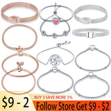 925 Sterling Silver Rose Charm Beaded Bracelet Snake Chain Women's Jewelry