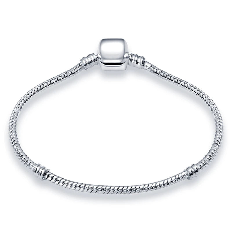925 Sterling Silver Rose Charm Beaded Bracelet Snake Chain Women's Jewelry