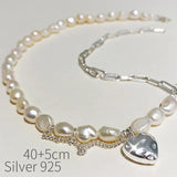 925 Silver Baroque Pearl Necklace Heart Pendant Charm