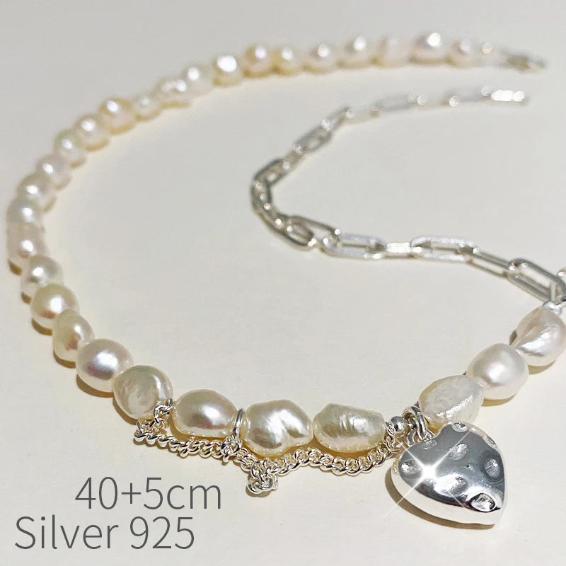 925 Silver Baroque Pearl Necklace Heart Pendant Charm