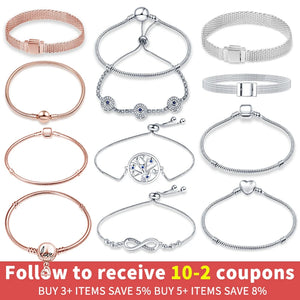 925 Sterling Silver Rose Charm Beads Bracelet For Women