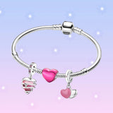925 Silver Heart Pendant Bracelet Set Pink DIY Party Gift