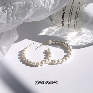 925 Silver Hoop Earrings Natural Pearl Celebrity Style Fine Jewelry