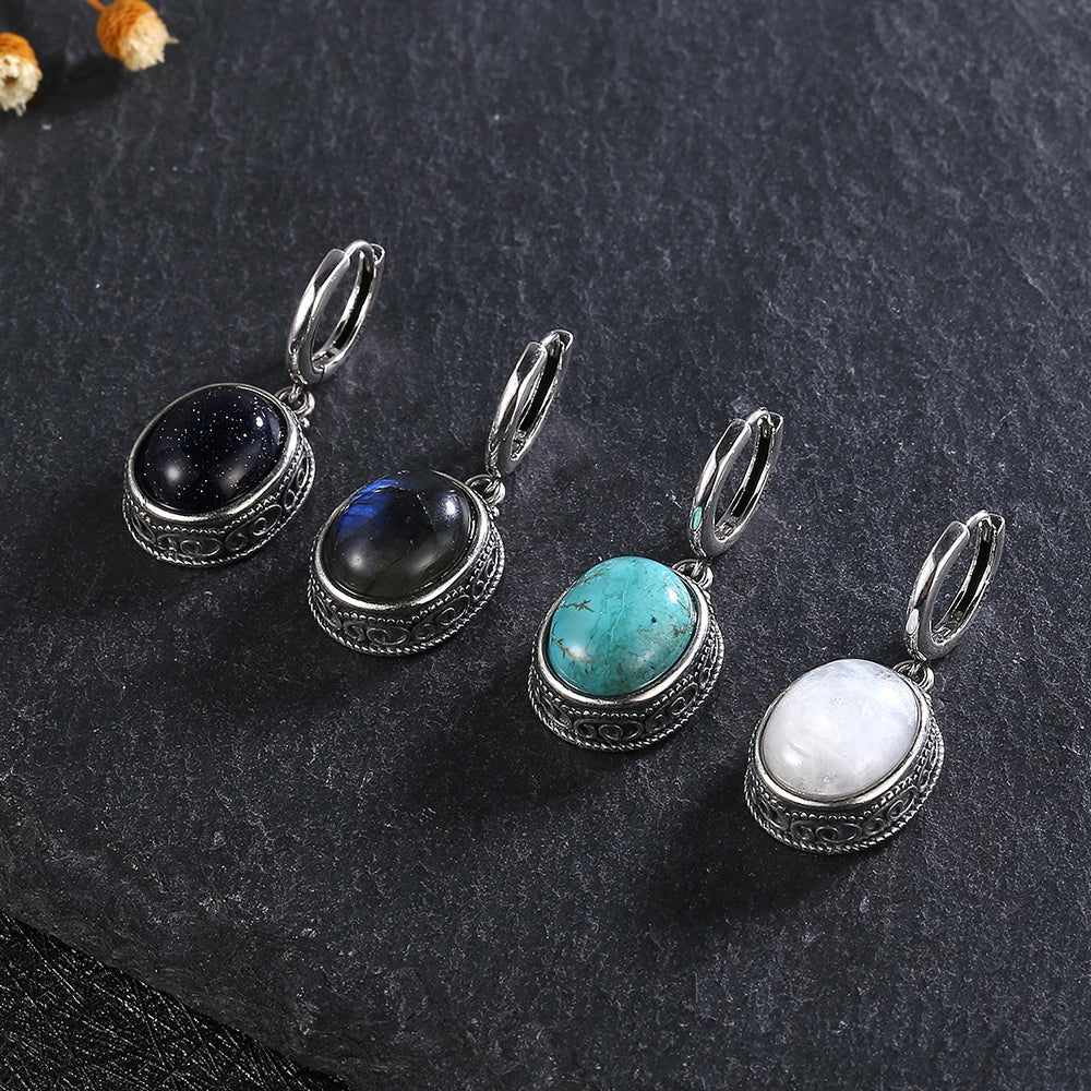 925 Silver Moonstone Hoop Earrings Turquoise Labradorite Ear Jewelry