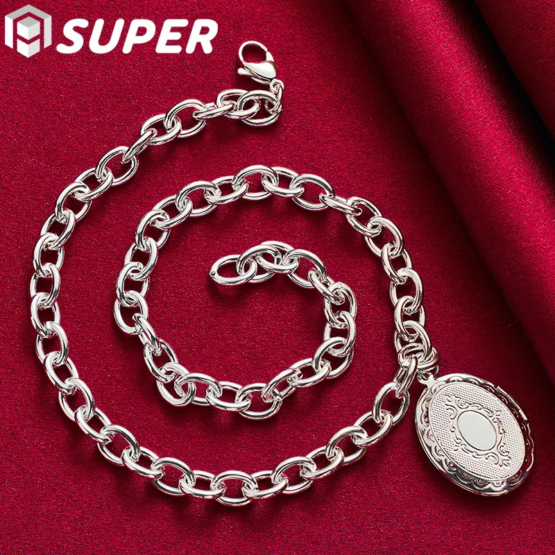 925 Silver Oval Photo Frame Pendant Necklace 18" Chain