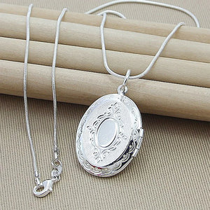 925 Silver Oval Round Photo Frame Pendant Necklace with 18 Inch Chain