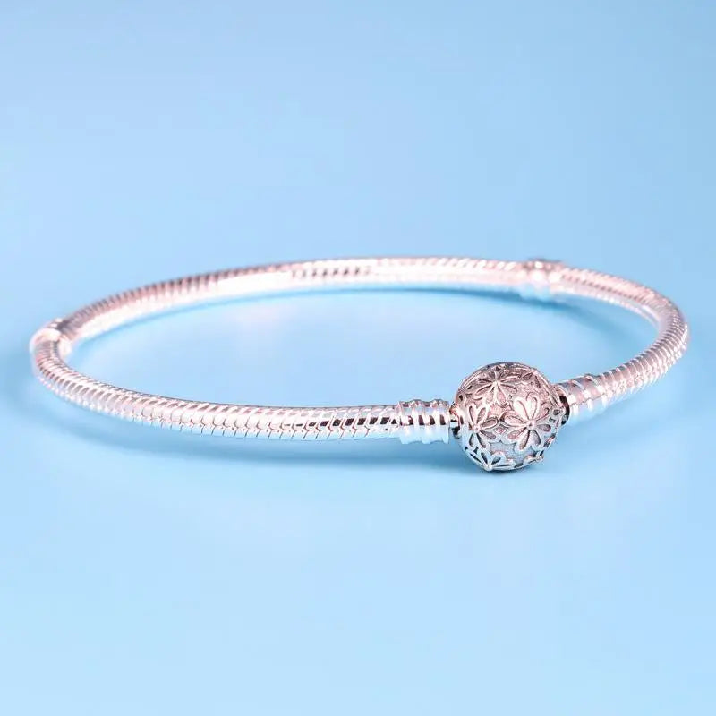 925 Sterling Silver Pan Bracelet Round Buckle Snake Chain Basic Bracelet