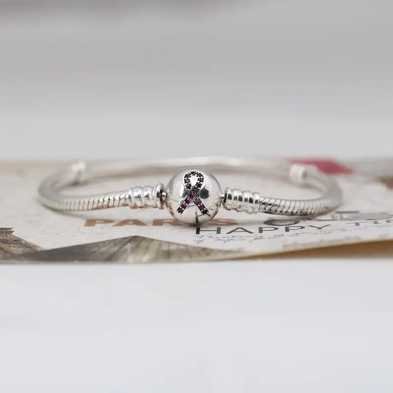 925 Silver Pan Bracelet Women Crystal Red Clap Snake Chain Lady Charm Pendant