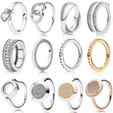 925 Silver Pan Ring Crown Heart Crystal Women Wedding Party Jewelry
