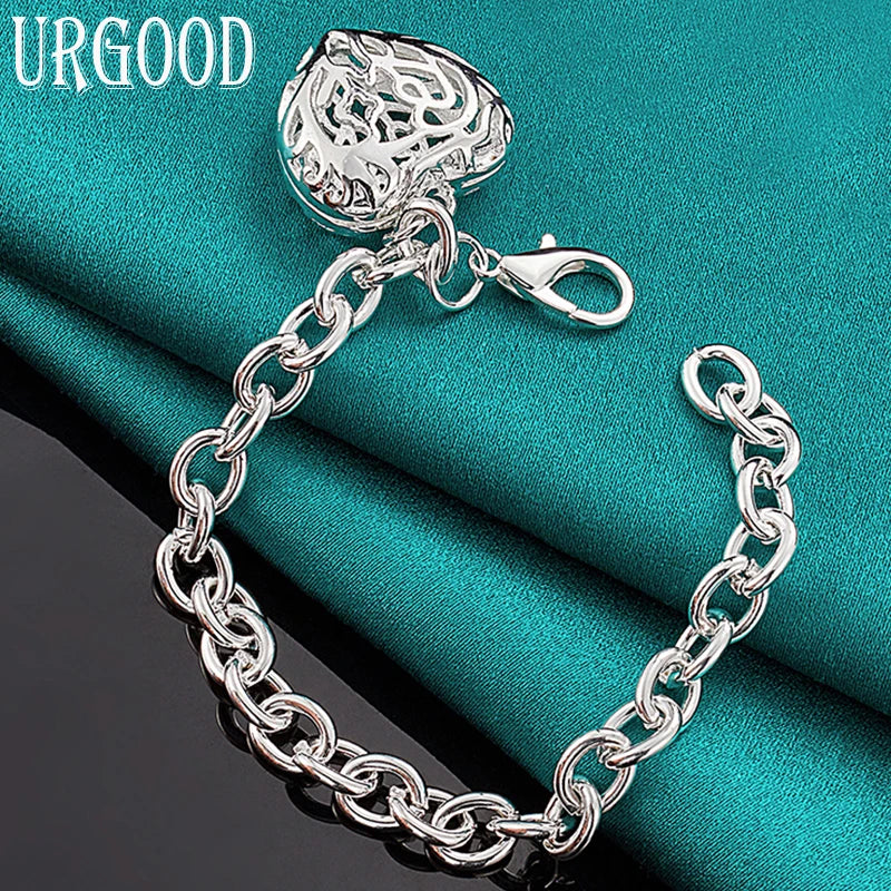 925 Silver Hollow Heart Pendant Chain Bracelet for Women Men