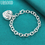 925 Silver Hollow Heart Pendant Chain Bracelet for Women Men