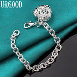 925 Silver Hollow Heart Pendant Chain Bracelet for Women Men
