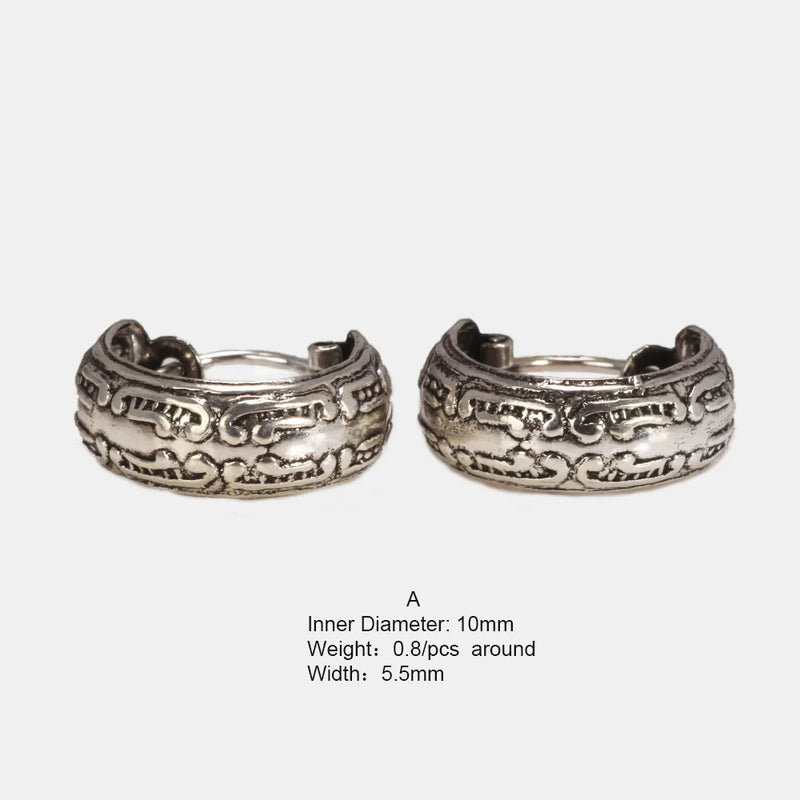 925 Silver Patterned Ear Hoops Retro Punk Rock Jewelry