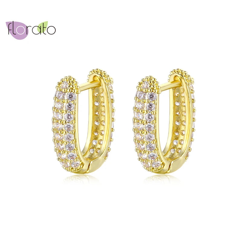 925 Silver Pave Crystal Hoop Earrings Dangle Geometry Feather Huggie Circle