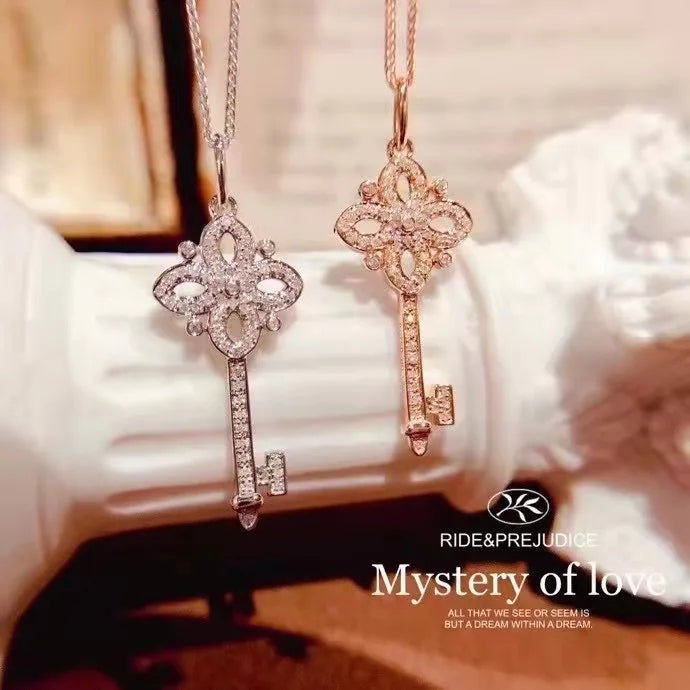 925 Silver Key Pendant Necklace 14k Plating Women Dress Jewelry