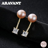 925 Silver Pearl Stud Earrings Pave CZ Women Silver Jewelry