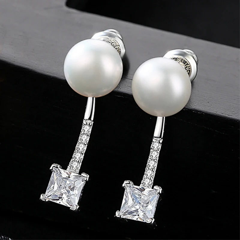 925 Silver Pearl Stud Earrings Pave CZ Women Silver Jewelry