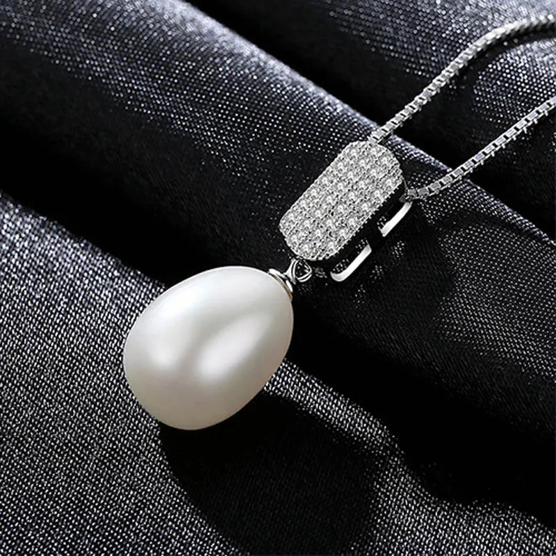 925 Silver Zircon Pearl Pendant Necklace Chain Wedding