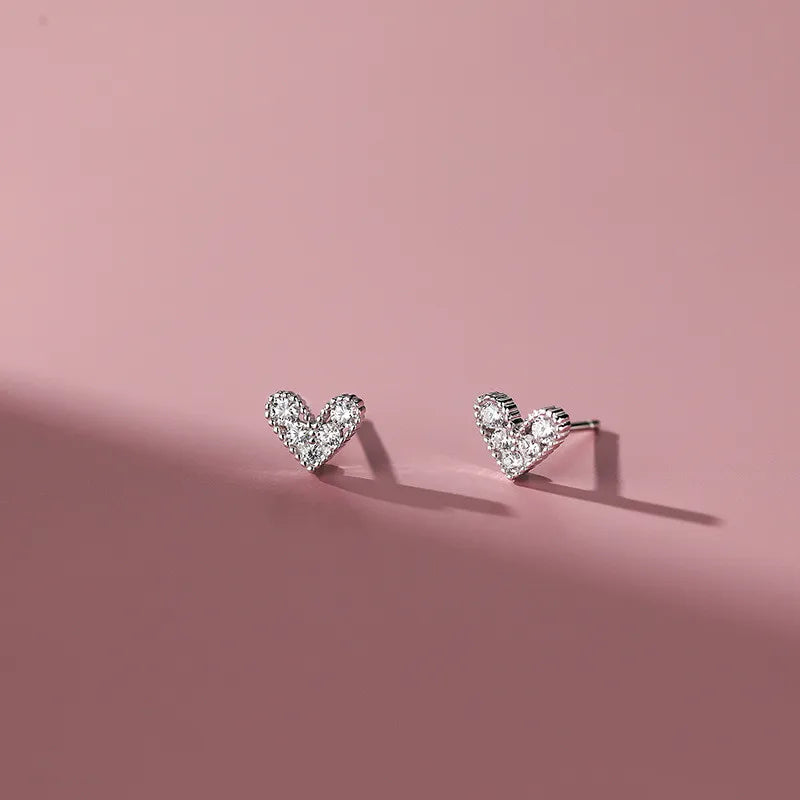 925 Sterling Silver Heart Stud Earrings Pave Zircon Sweet Small Ear Jewelry